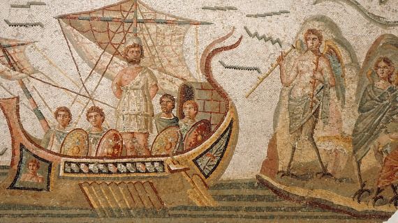 Old mosaic depicting a scene from Homer's Odyssey
